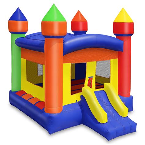 Bounce house walmart - 1.Inflatable jumper bounce house playhouse,Great present for gathering. 2.For ages 3 years and up,Weight capacity up to 150 lbs,Recommend once for 2-3 kids. 3.Commercial grade bounce house, also great for residential use. 4.Made from high-quality oxford fabric with well sewing. 5.1 slide with protective side rails,An open entrance and ceiling